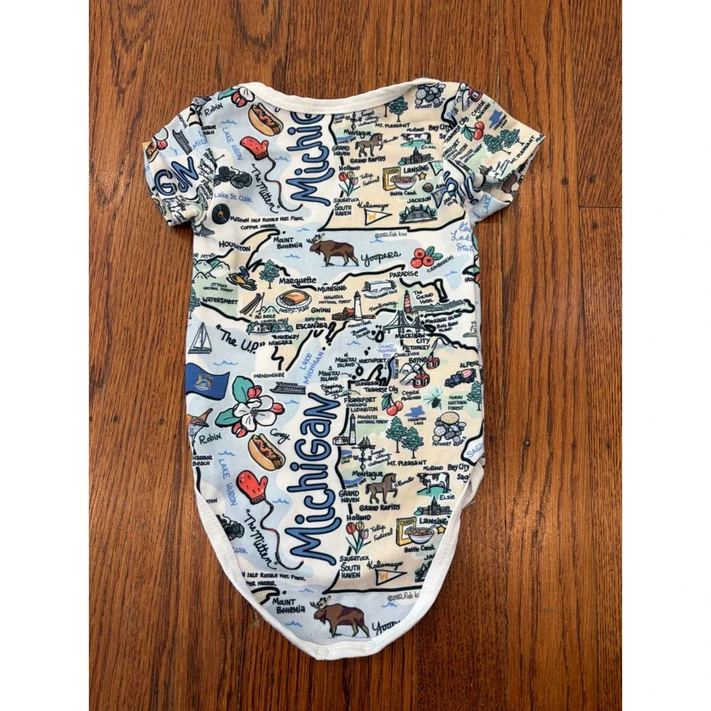 Michigan State Map Baby Bodysuit Onesie Blue White Illustrated Print 3-6M
